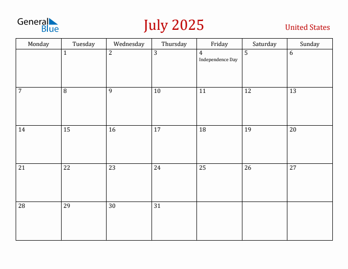 United States July 2025 Calendar - Monday Start