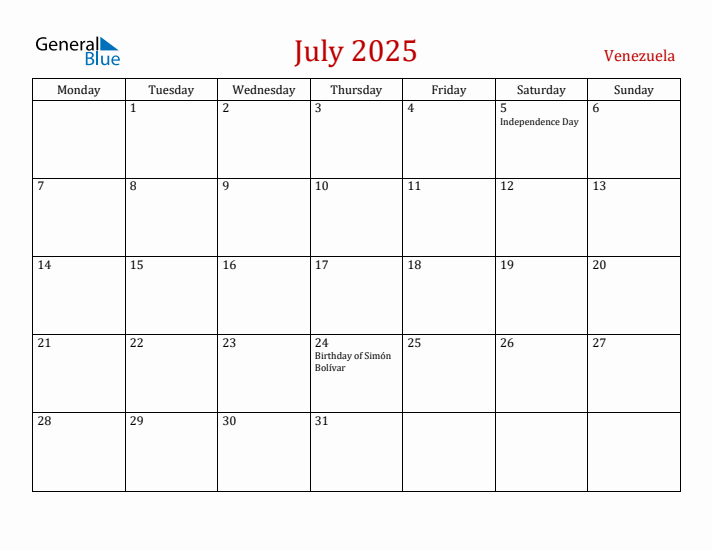 Venezuela July 2025 Calendar - Monday Start