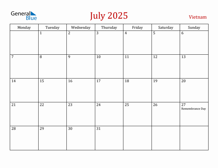 Vietnam July 2025 Calendar - Monday Start