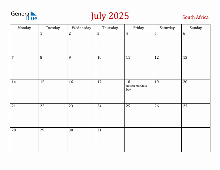 South Africa July 2025 Calendar - Monday Start