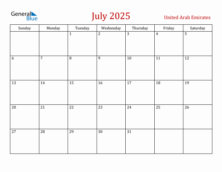 United Arab Emirates July 2025 Calendar - Sunday Start