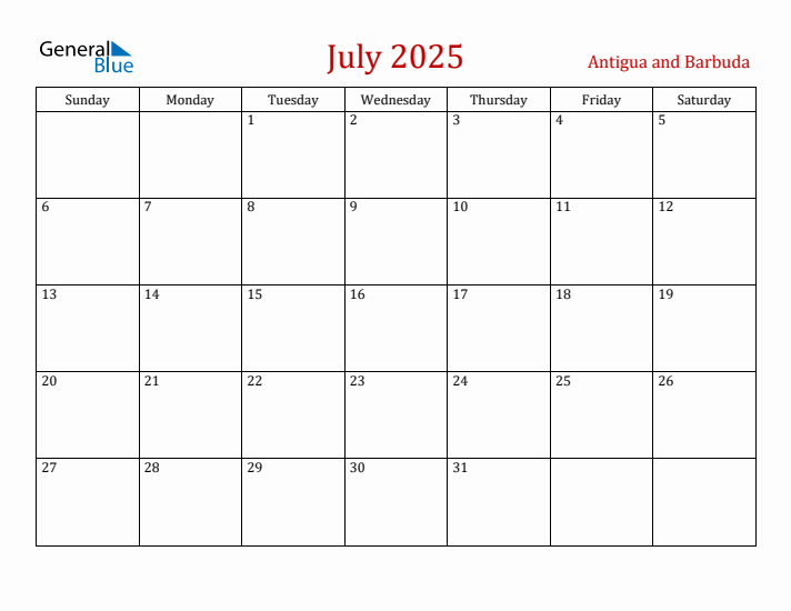 Antigua and Barbuda July 2025 Calendar - Sunday Start