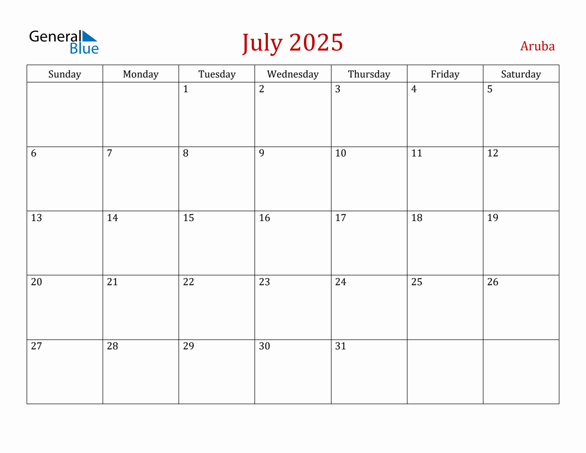 July 2025 Aruba Monthly Calendar with Holidays