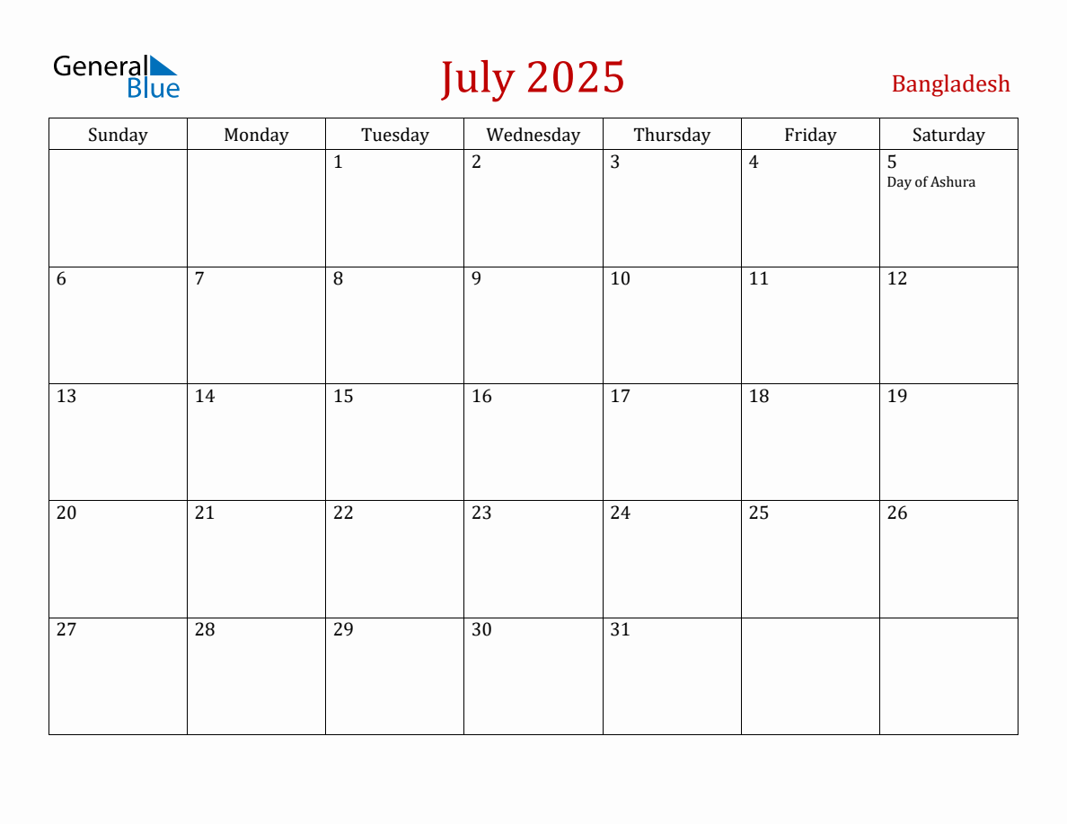 July 2025 Bangladesh Monthly Calendar with Holidays