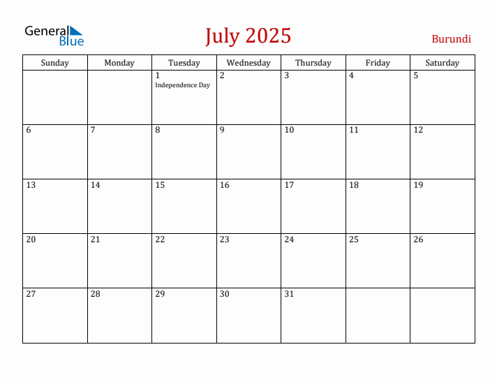 Burundi July 2025 Calendar - Sunday Start