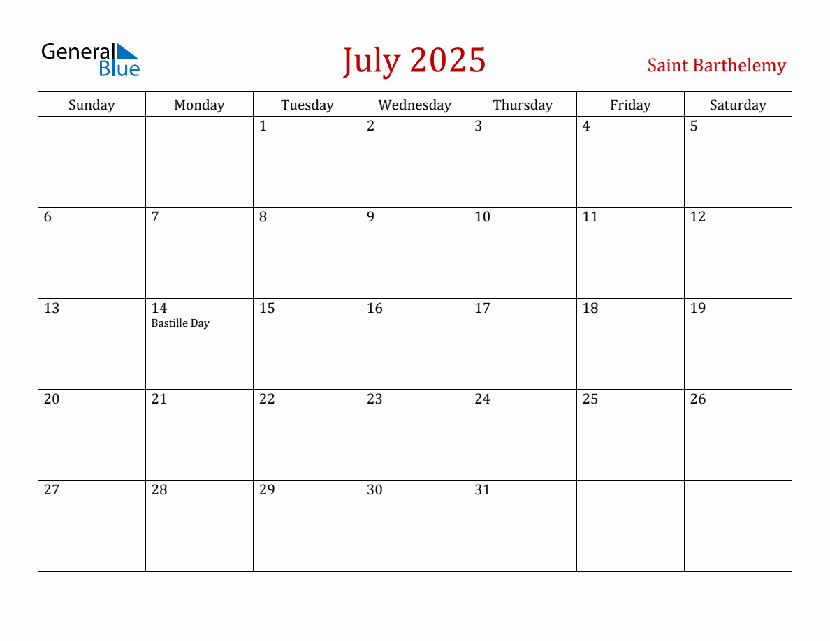 July 2025 Saint Barthelemy Monthly Calendar with Holidays