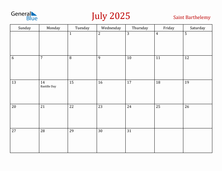 Saint Barthelemy July 2025 Calendar - Sunday Start