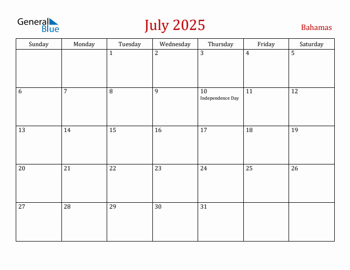 Bahamas July 2025 Calendar - Sunday Start