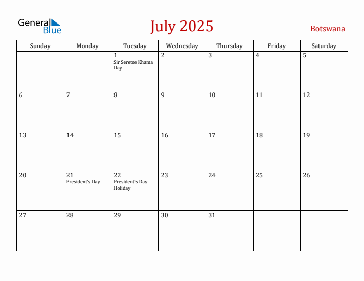 Botswana July 2025 Calendar - Sunday Start