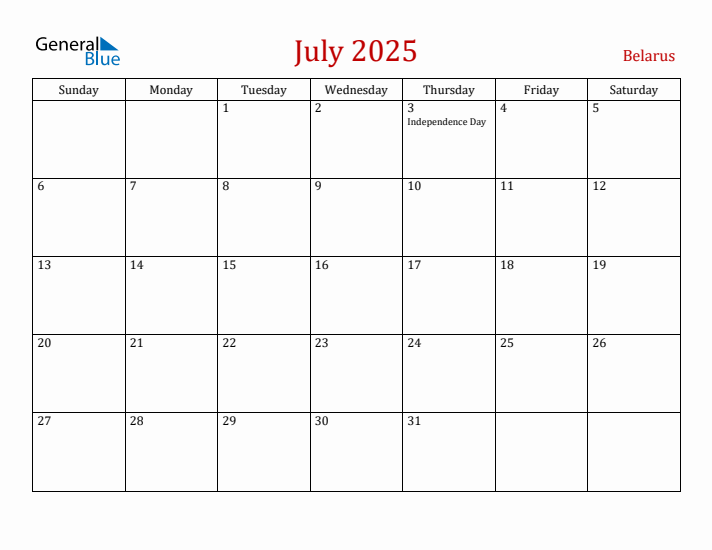 Belarus July 2025 Calendar - Sunday Start