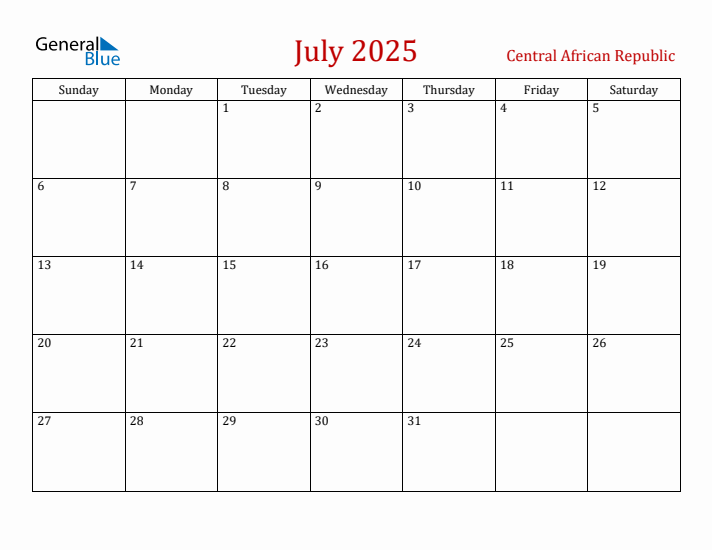 Central African Republic July 2025 Calendar - Sunday Start