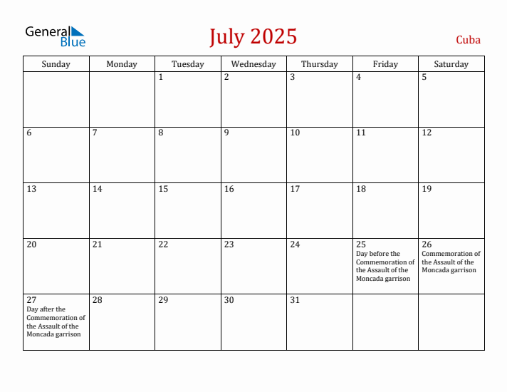 Cuba July 2025 Calendar - Sunday Start