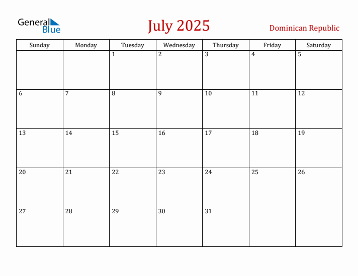 Dominican Republic July 2025 Calendar - Sunday Start