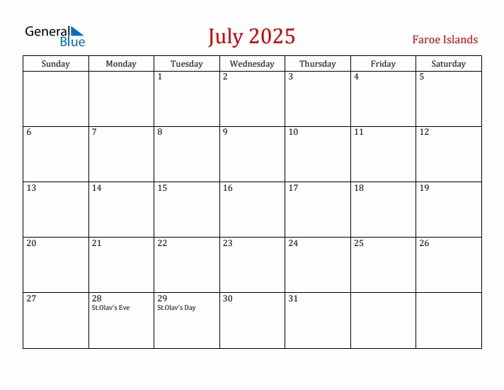 Faroe Islands July 2025 Calendar - Sunday Start