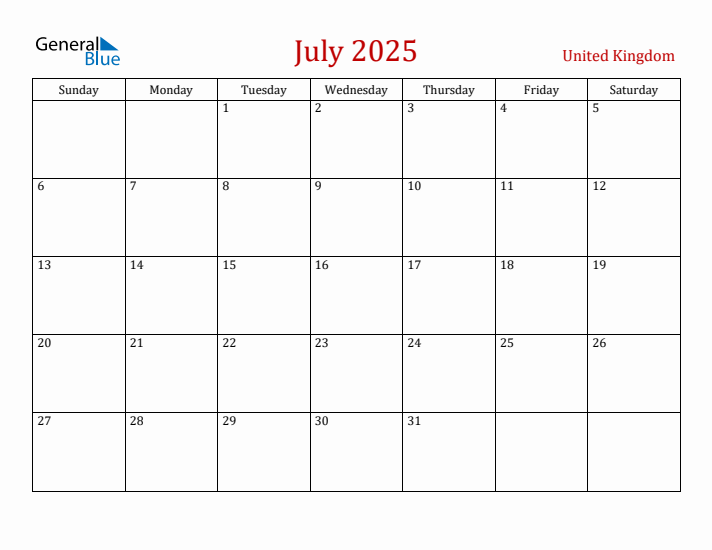 United Kingdom July 2025 Calendar - Sunday Start