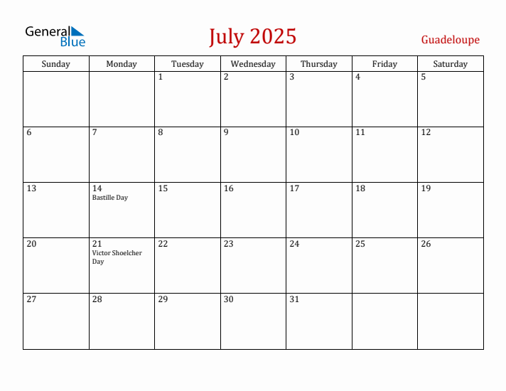 Guadeloupe July 2025 Calendar - Sunday Start