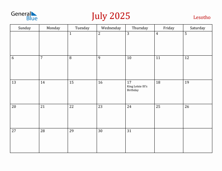 Lesotho July 2025 Calendar - Sunday Start