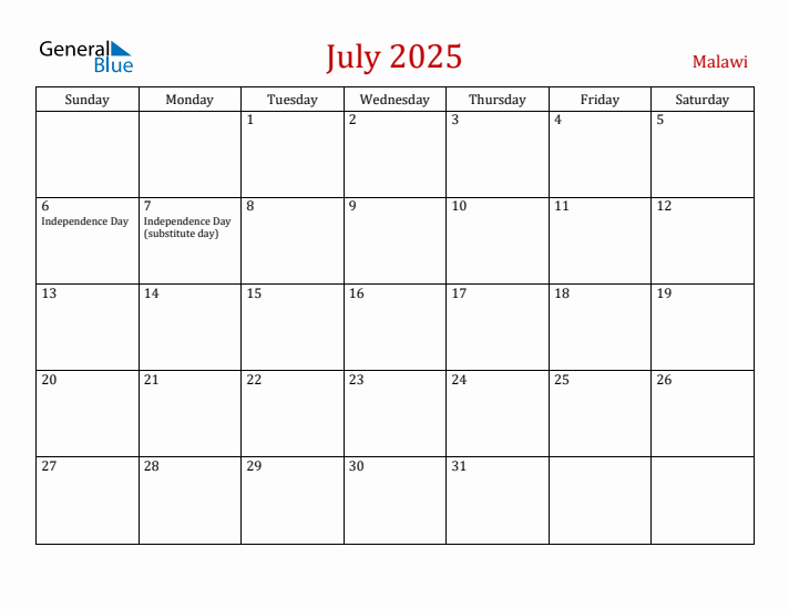 Malawi July 2025 Calendar - Sunday Start