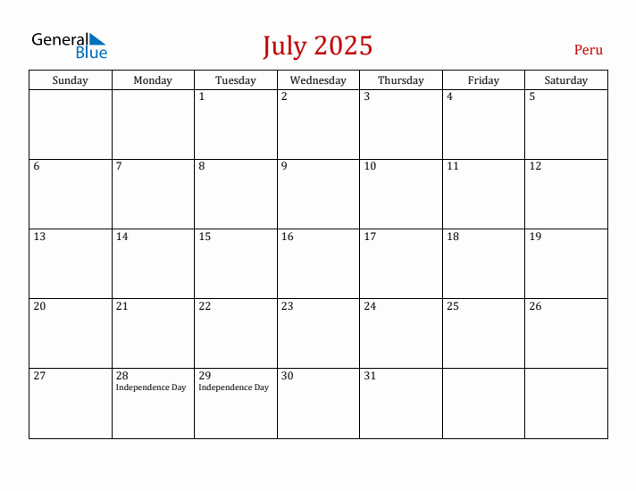 Peru July 2025 Calendar - Sunday Start