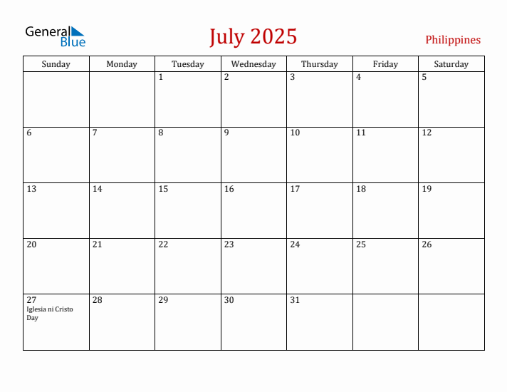Philippines July 2025 Calendar - Sunday Start