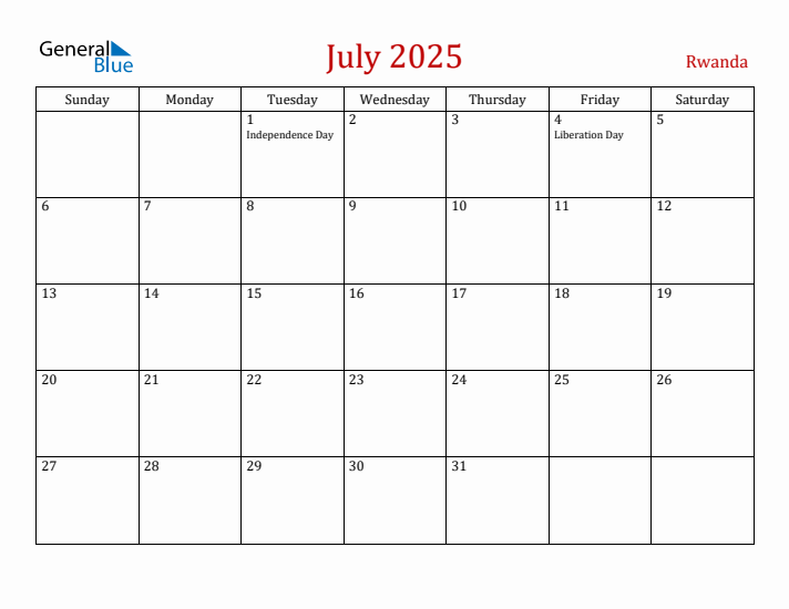 Rwanda July 2025 Calendar - Sunday Start