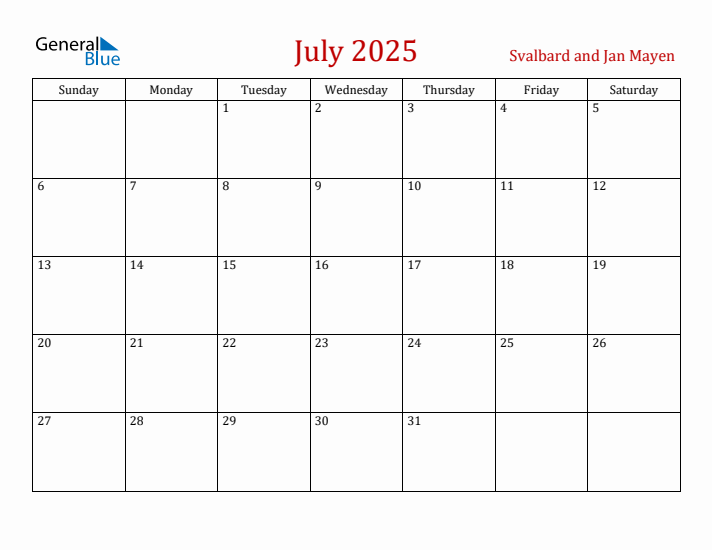 Svalbard and Jan Mayen July 2025 Calendar - Sunday Start