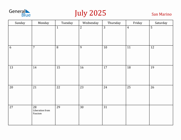 San Marino July 2025 Calendar - Sunday Start