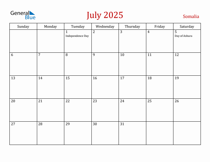Somalia July 2025 Calendar - Sunday Start