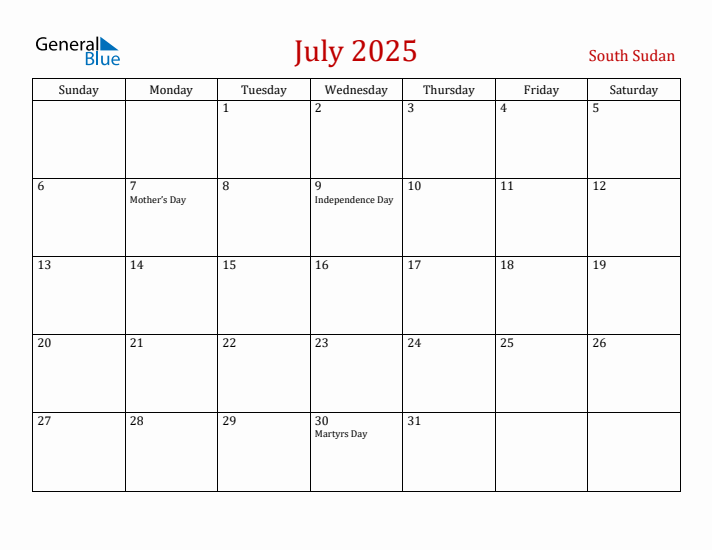 South Sudan July 2025 Calendar - Sunday Start