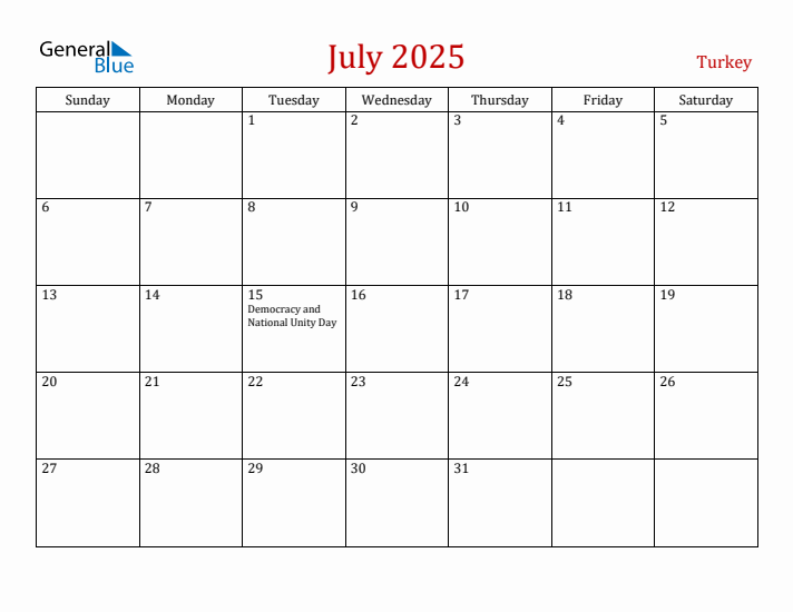 Turkey July 2025 Calendar - Sunday Start