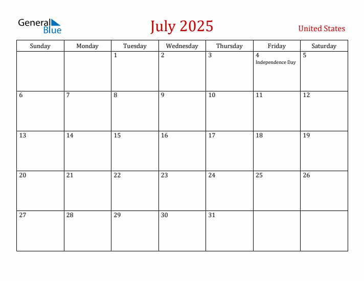 United States July 2025 Calendar - Sunday Start