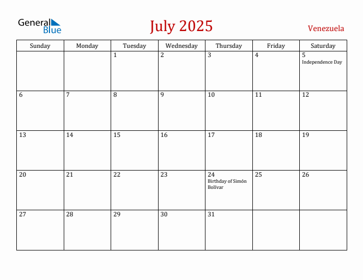 Venezuela July 2025 Calendar - Sunday Start