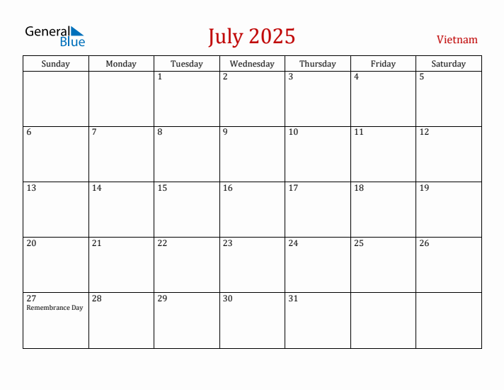 Vietnam July 2025 Calendar - Sunday Start