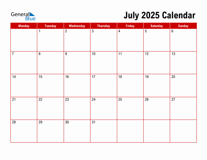 Simple Monthly Calendar - July 2025