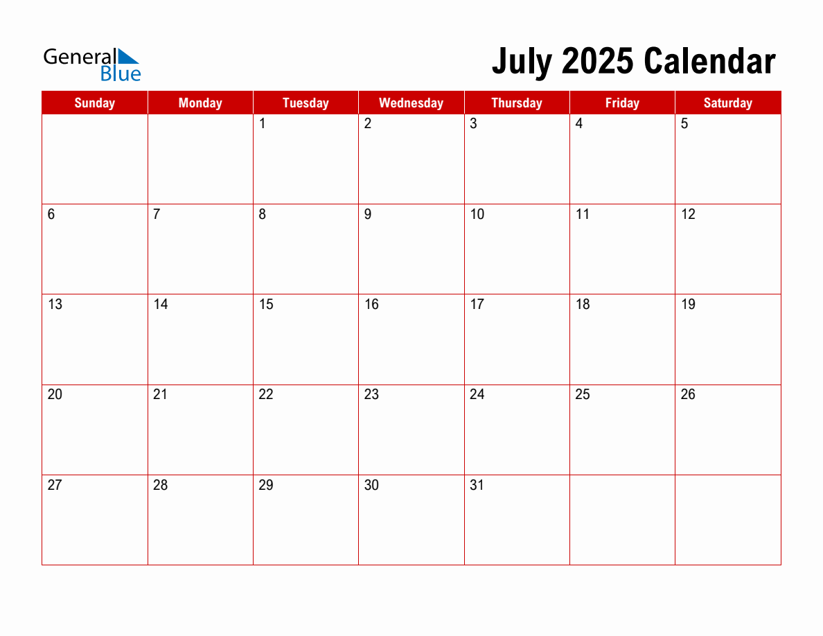 Basic Monthly Calendar July 2025