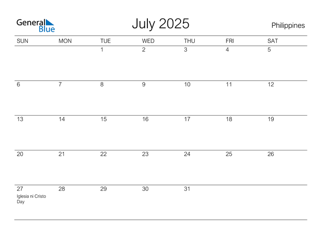 Philippines July 2025 Calendar with Holidays