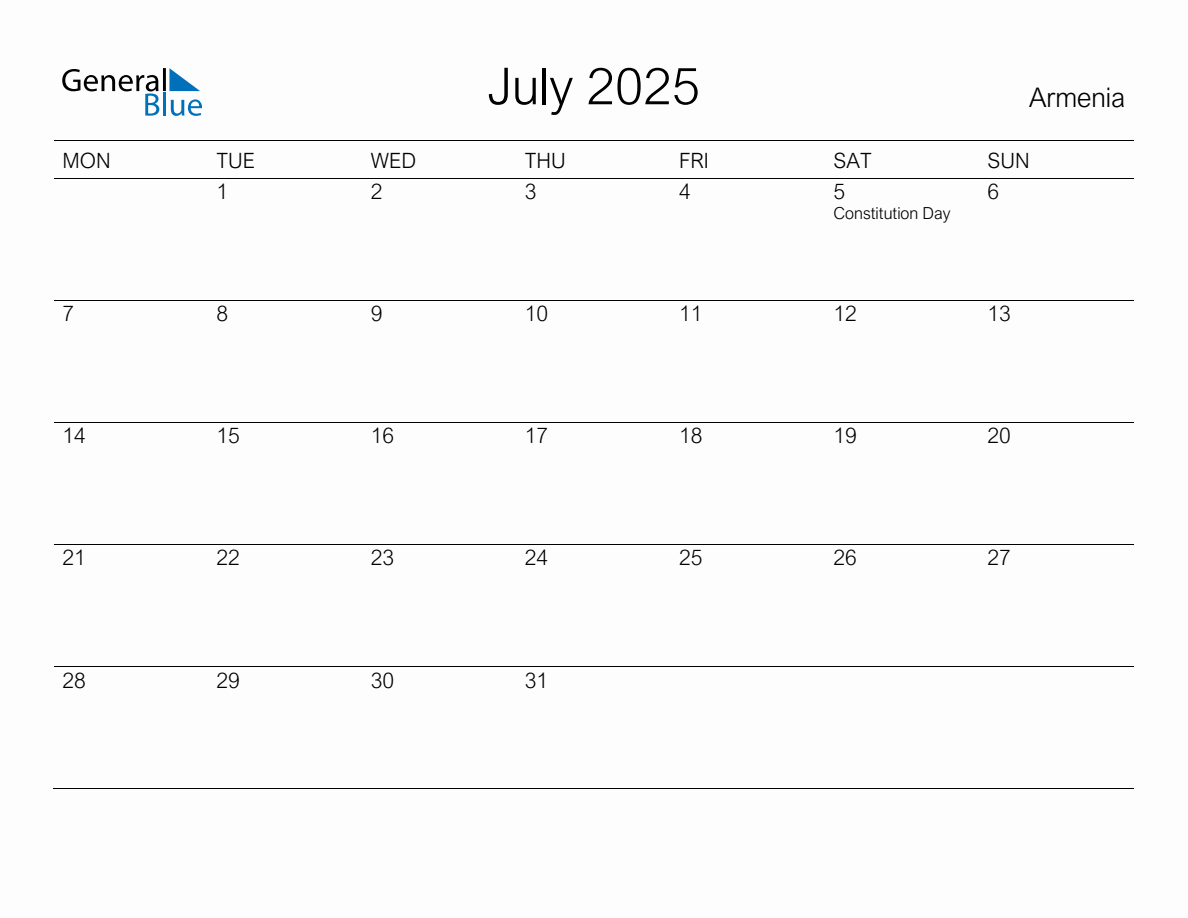 Printable July 2025 Monthly Calendar with Holidays for Armenia