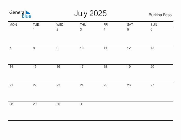 Printable July 2025 Calendar for Burkina Faso
