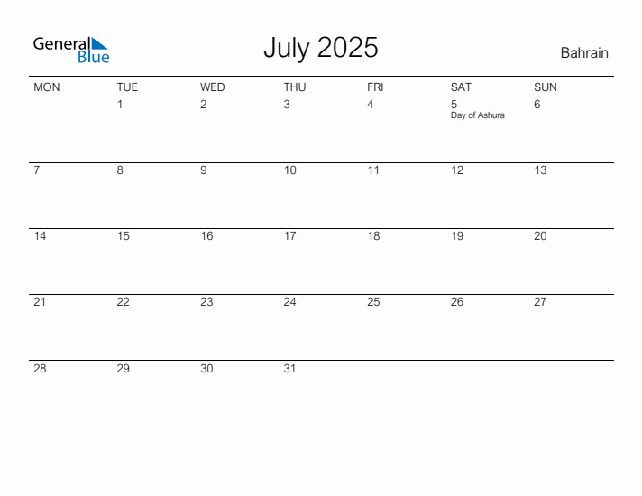 Printable July 2025 Calendar for Bahrain