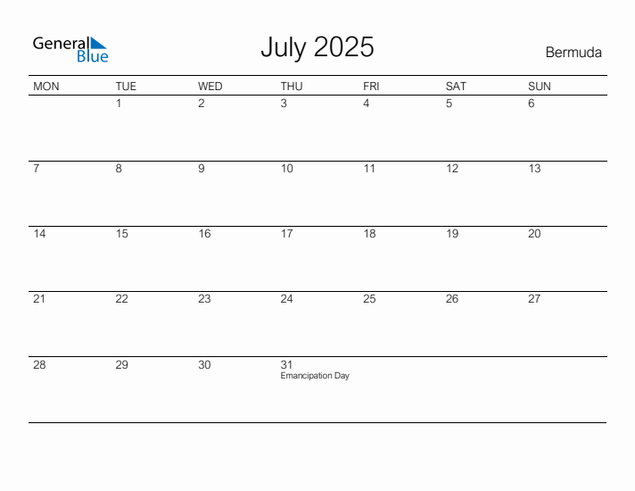 Printable July 2025 Calendar for Bermuda