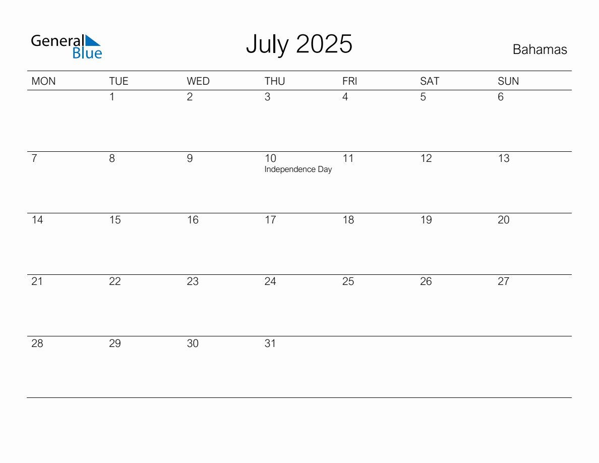 Printable July 2025 Monthly Calendar with Holidays for Bahamas