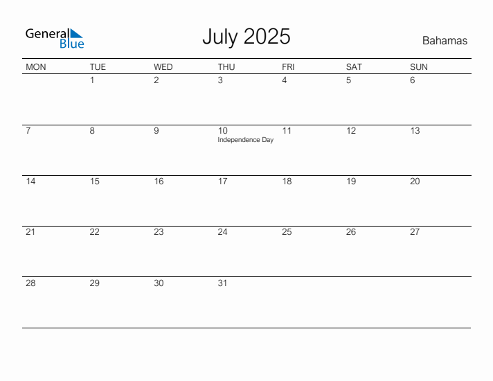 Printable July 2025 Calendar for Bahamas