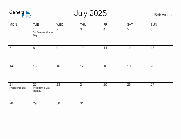 Printable July 2025 Calendar for Botswana
