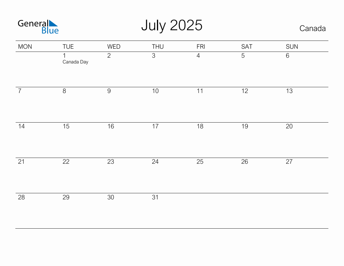 Printable July 2025 Monthly Calendar with Holidays for Canada