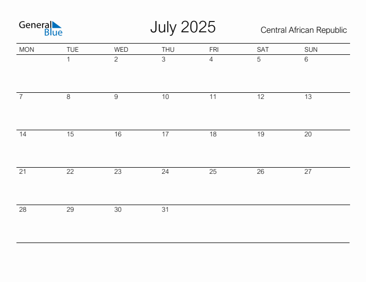 Printable July 2025 Calendar for Central African Republic