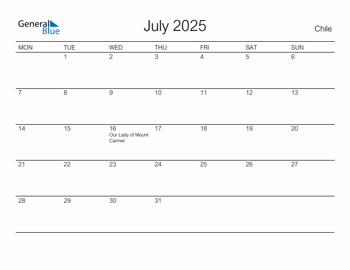 Printable July 2025 Calendar for Chile