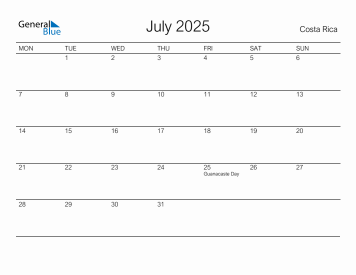 Printable July 2025 Calendar for Costa Rica