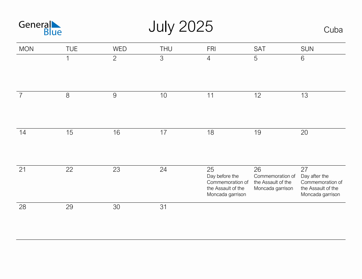 Printable July 2025 Monthly Calendar with Holidays for Cuba