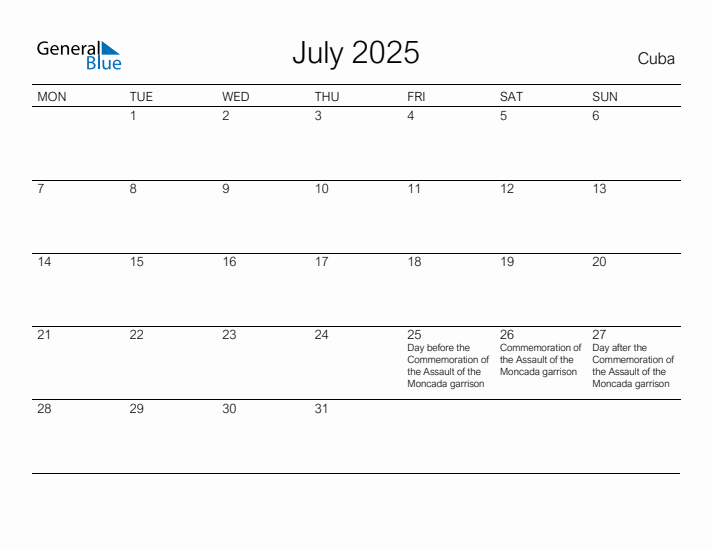 Printable July 2025 Calendar for Cuba