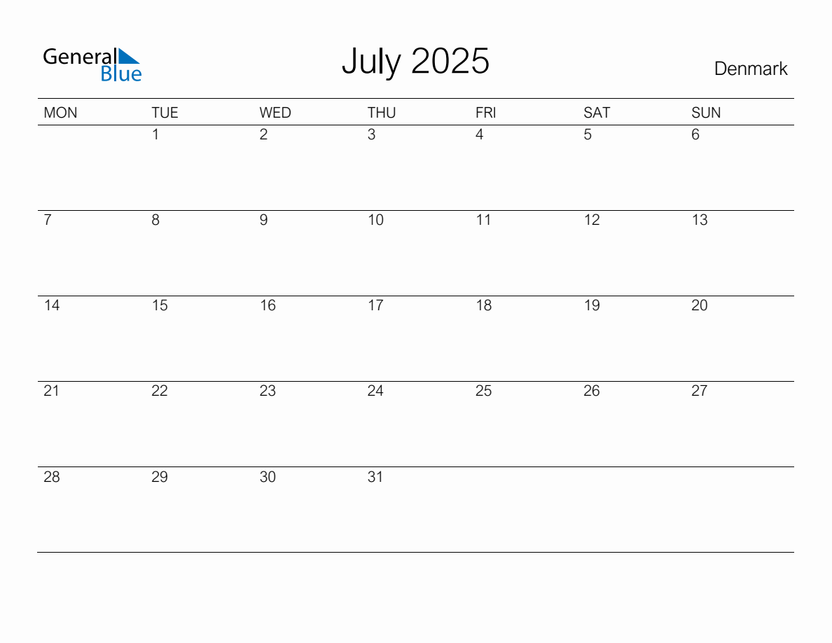 Printable July 2025 Monthly Calendar with Holidays for Denmark